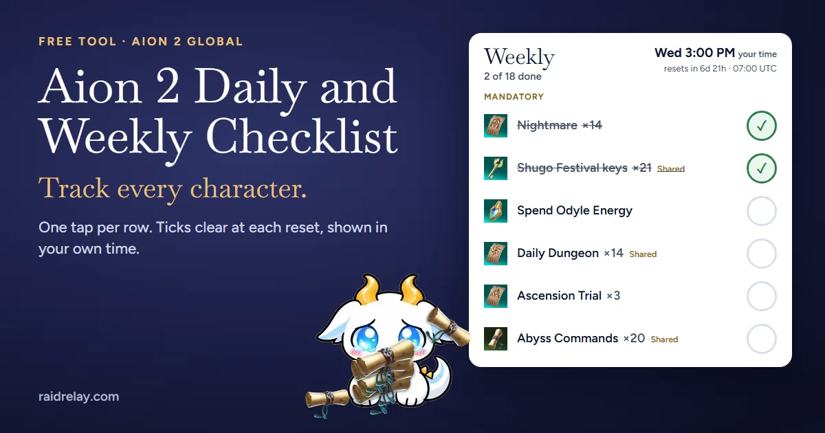 Counter Up Relay Aion 2 Daily and Weekly Checklist: Track Every Character — Raid Relay