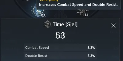 The Time stat in the stat window: 53 points give 5.3% Combat Speed and 5.3% Double Resist