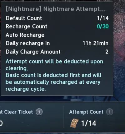 Nightmare's attempt count: 2 a day, stocking up to 14, and only a clear uses one