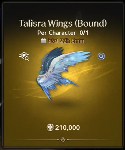 The Season Shop's Talisra Wings (Bound): 210,000 Oath Coins, 1 per character