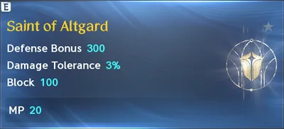 The title Saint of Altgard: Defense Bonus 300, Damage Tolerance 3% and Block 100 equipped, MP 20 owned
