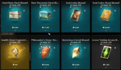 The Season Shop's Growth tab: Clash Rune Chest 4,000, Rare Theostone Chest 17,500, Soul Codex 3,000, Soul Codex: Reset 20,000, Amplify Stone Fragment 300, Philosopher's Stone: Revelation 30,000, Mysterious Crystal 25,000 and Lesser Training Arcana 1,500 Oath Coins, each per server