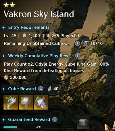 Vakron Sky Island, Conquest 2★: 300,000 Kina for defeating all bosses, 40 Odyle a cube, and this week's play count