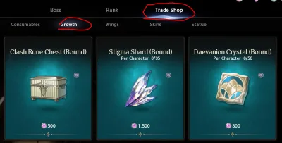Nightmare's Trade Shop, Growth tab: Daevanion Crystal (Bound) at 300 Phantasmal Fragments, 50 per character