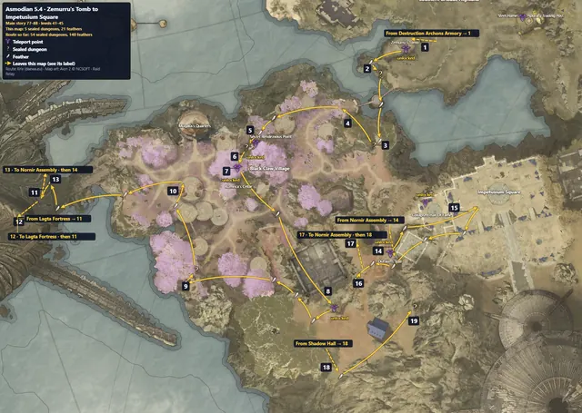 Asmodian 5.4 · Zemurru's Tomb to Impetusium Square route map