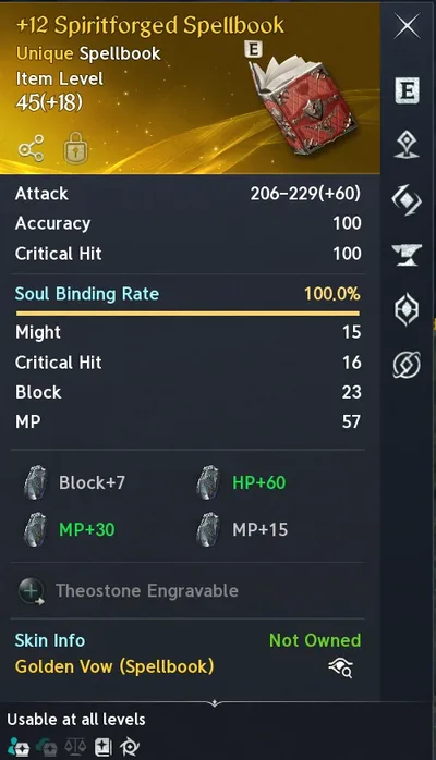 A Spiritforged Spellbook's tooltip: +12, its Soul Binding Rate at 100.0% and the stats Soul Binding gave it