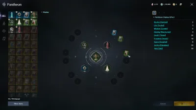 The Pantheon screen: owned decorations (10 / 94) on the left, the display with a colossus in the centre, statues in the hexagon slots and artwork in the round ones, presets 1 to 3 and the divine stat totals on the right