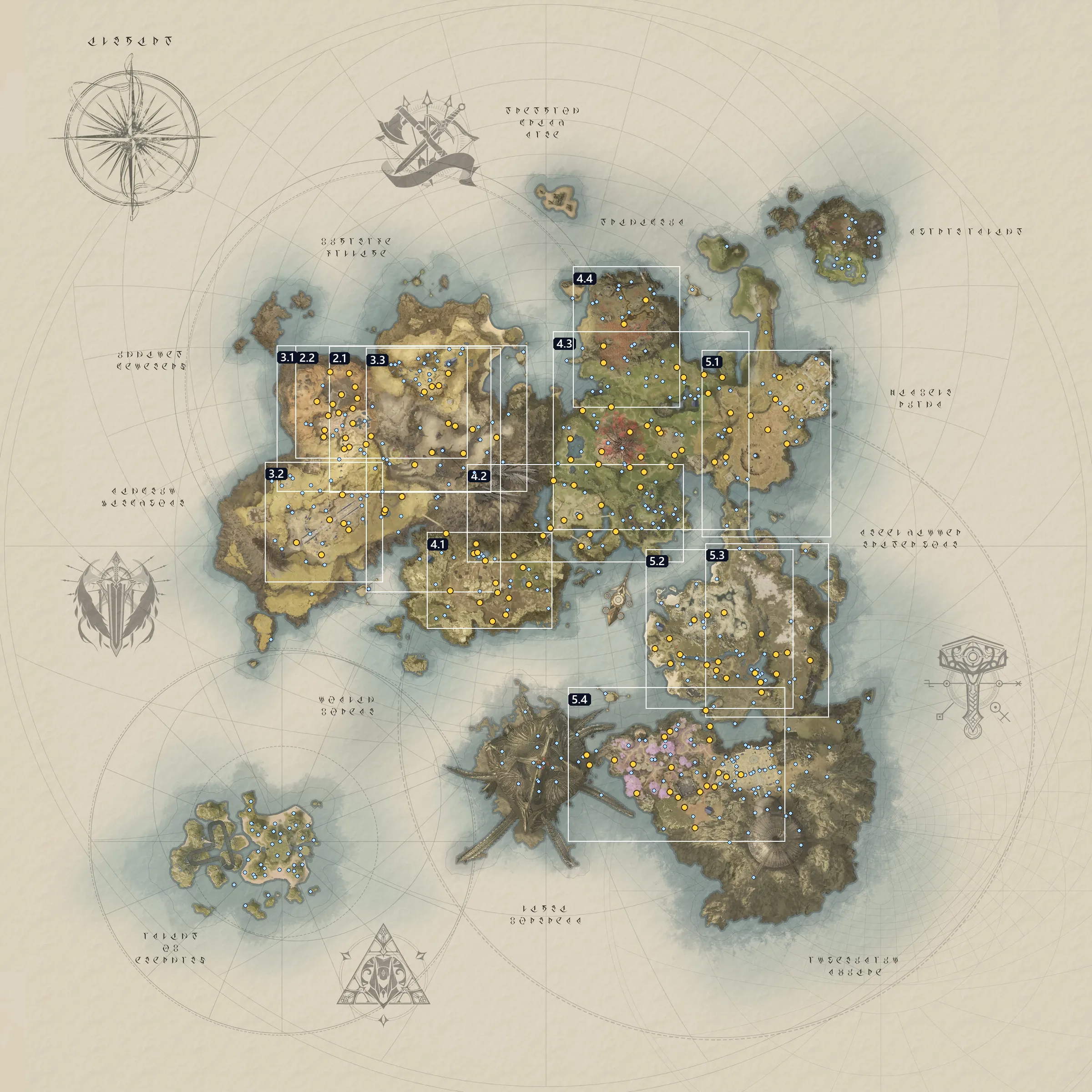 Aion 2 Altgard map with all 560 feather locations; the 140 on the leveling route in gold
