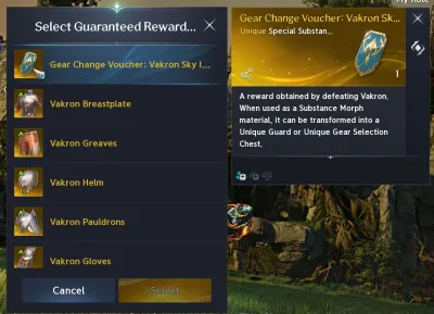 Vakron Conquest's Guaranteed Reward offers a Gear Change Voucher or armour; the voucher can become a Guard or a Gear Selection Chest