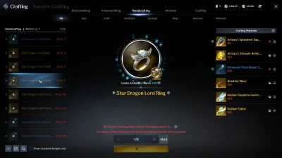 Handicrafting: the Asmodian Star Dragon Lord Ring recipe (the Elyos True Dragon Lord Ring) and its six materials, with a 25% Combo Activation Chance