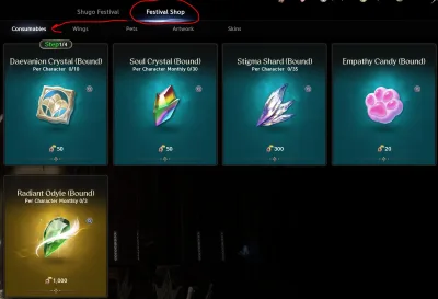 Shugo Festival's Festival Shop, Consumables tab: Daevanion Crystal (Bound) at step 1 of 4, 50 Centuryroot Tokens each