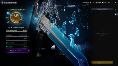 The Soul Binding tab under Enhancement: a +12 Aulamus Greatsword at 100% Soul Binding Rate, each line at its maximum (Combat Speed 11.25%, Block 54, Ruinous Blow and Keen Strike Lv. +1), and Soul Fuse for 1,000,000 Kina