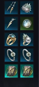 The same column filled from this step: Pilgrim and Drifter earrings, a Pilgrim necklace, the story's Revelation Amulet, Pilgrim and Drifter rings, two Drifter bracelets and two Clash Runes