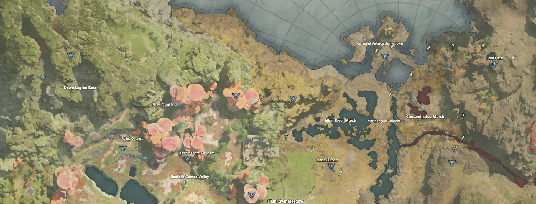 Aion 2 Elyos leveling route 1.2 · Ellun River Marsh to Dawn Legion Base: numbered arrows, sealed dungeons and feathers