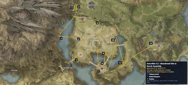 Asmodian 4.2 · Abandoned Site to Nornir Assembly route map