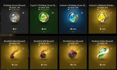 The Season Shop's Materials tab: four Refining Stones from 40 to 4,800 Oath Coins, Wrathful Mind, Will and Ego from 6,250 to 8,750, and Radiant Odyle 6,000, each per server