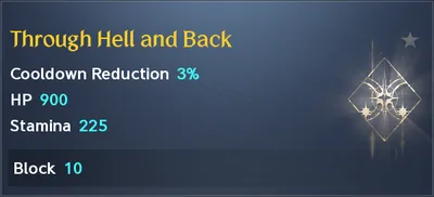 The title Through Hell and Back: Cooldown Reduction 3%, HP 900 and Stamina 225 equipped, Block 10 owned