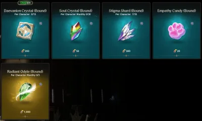 The Festival Shop's Consumables tab: Daevanion Crystal at step 3 of 4, Soul Crystal, Stigma Shard, Empathy Candy and Radiant Odyle