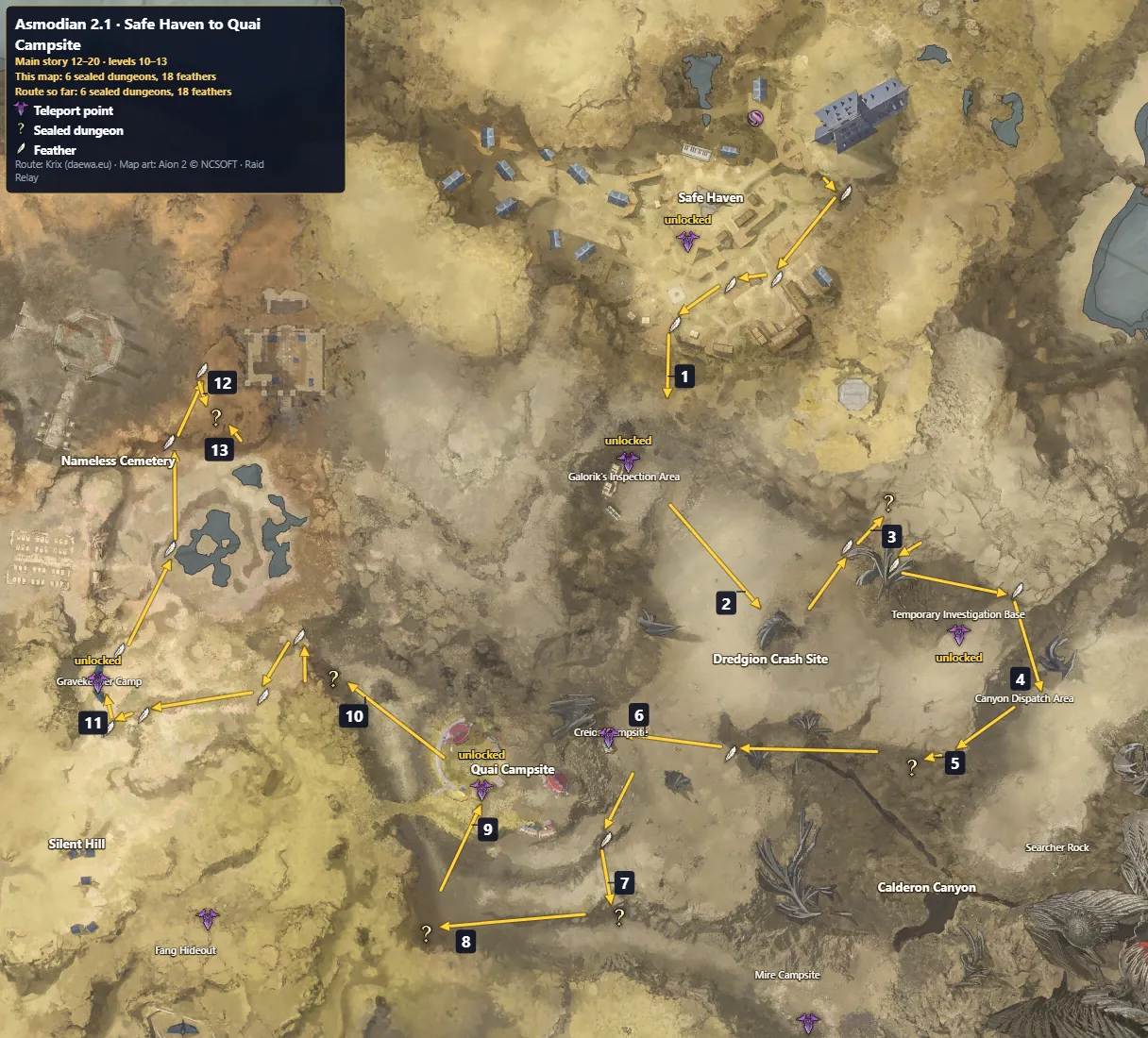 Aion 2 Asmodian 2.1 · Safe Haven to Quai Campsite route map: numbered steps, sealed dungeons and feathers