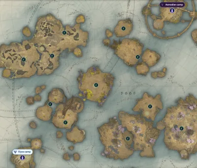 Lower Reshanta's 11 Odyle spots: each pin is a group of Odyle nodes, with the Elyos camp in the south-west and the Asmodian camp in the north-east