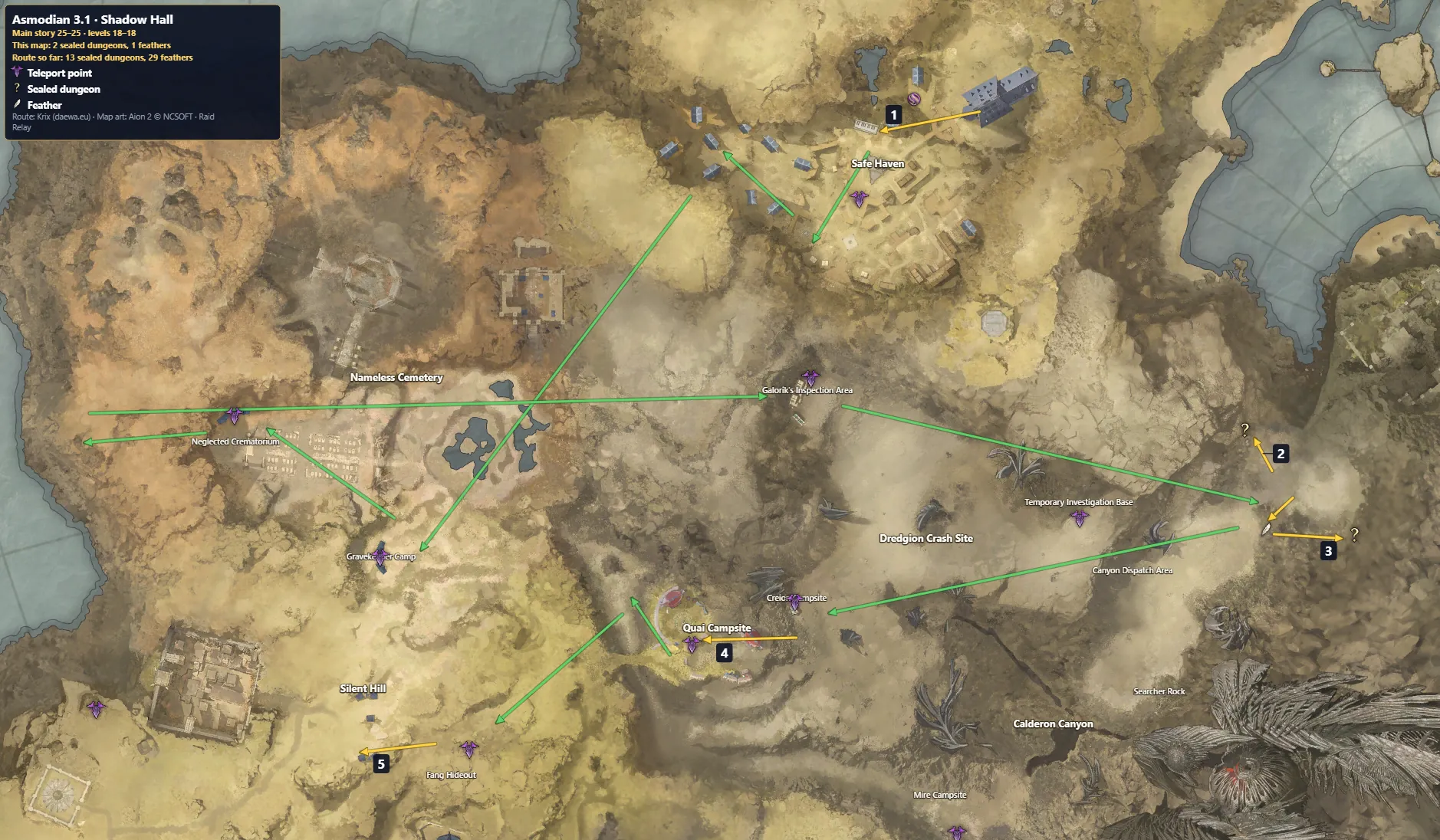 Aion 2 Asmodian 3.1 · Shadow Hall route map: numbered steps, sealed dungeons and feathers