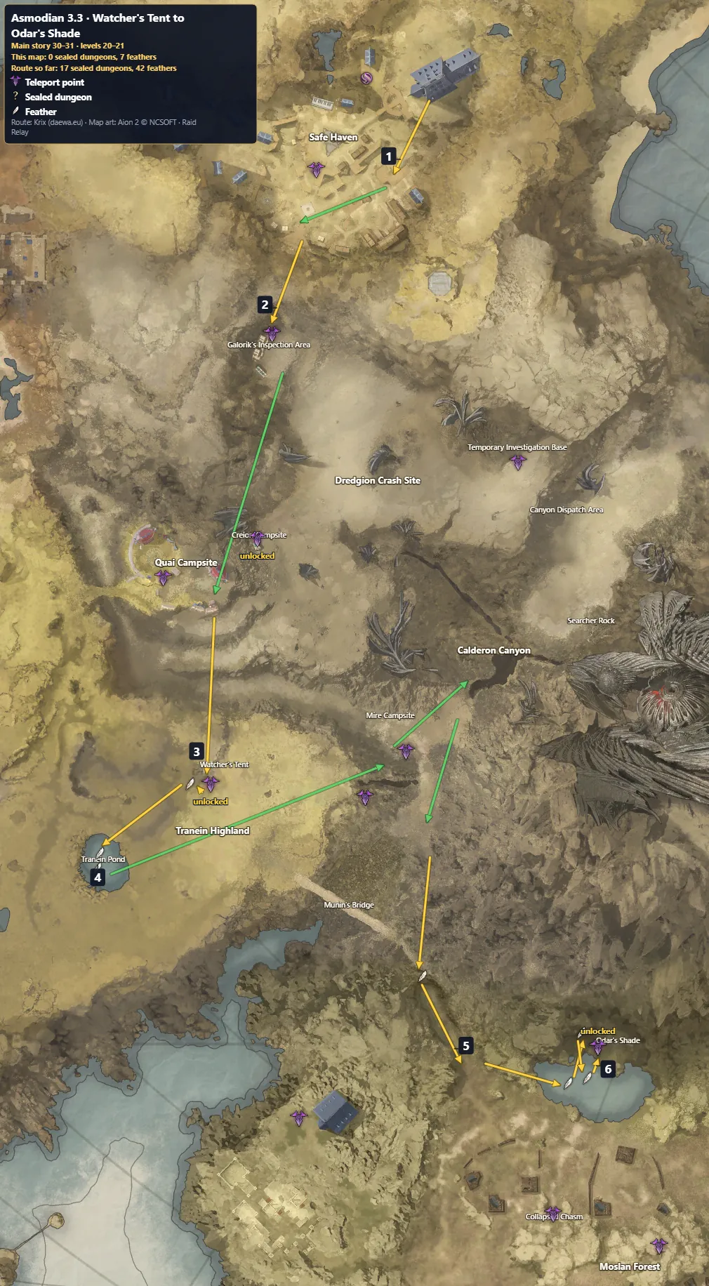 Aion 2 Asmodian 3.3 · Watcher's Tent to Odar's Shade route map: numbered steps, sealed dungeons and feathers