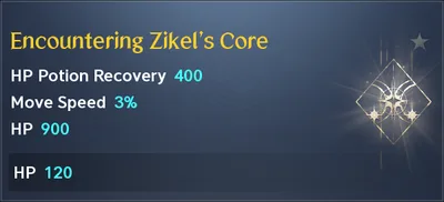 The title Encountering Zikel's Core: HP Potion Recovery 400, Move Speed 3% and HP 900 equipped, HP 120 owned
