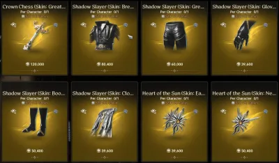 The Season Shop's Skins tab: a Crown Chess weapon skin 120,000 Oath Coins, five Shadow Slayer armour skins from 39,600 to 80,400 and the Heart of the Sun earrings and necklace 39,600 and 50,400, each one per character
