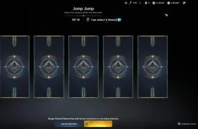 The card screen after a first place in Jump Jump: Can select 4 time(s), with 3 of 21 keys held