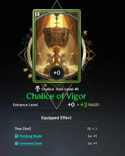 A fresh Rare Chalice of Vigor: item level 40, Time 12 and rising 3 by its +3 maximum, with two skill effects at Lv. +1, Mocking Blade and Overhead Slam