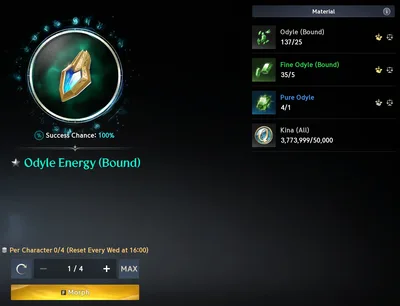 The Odyle Energy morph: 25 Odyle, 5 Fine Odyle, 1 Pure Odyle and 50,000 Kina, 4 a week per character, resetting Wednesday 16:00
