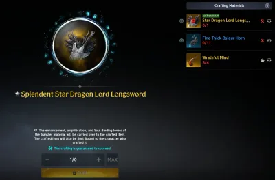 Transfer Crafting for the Splendent Star Dragon Lord Longsword (Asmodian): the enhancement, amplification and Soul Binding levels carry over, the result is Soul Bound to its crafter, and the craft is guaranteed to succeed