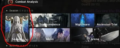 The game menu's Season tile: under Season, beside Transcendence, Nightmare, the Ascension Trial, the Abyss and the Arena