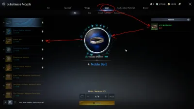 Substance Morph, Gear tab: the Noble Belt recipe takes a +10 Noble Belt and gives the next grade at 100%