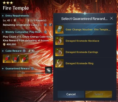 Fire Temple Conquest's Guaranteed Reward at 0 of 28 claims: a Gear Change Voucher: Fire Temple, or the Enraged Kromede Necklace, Earrings or Ring