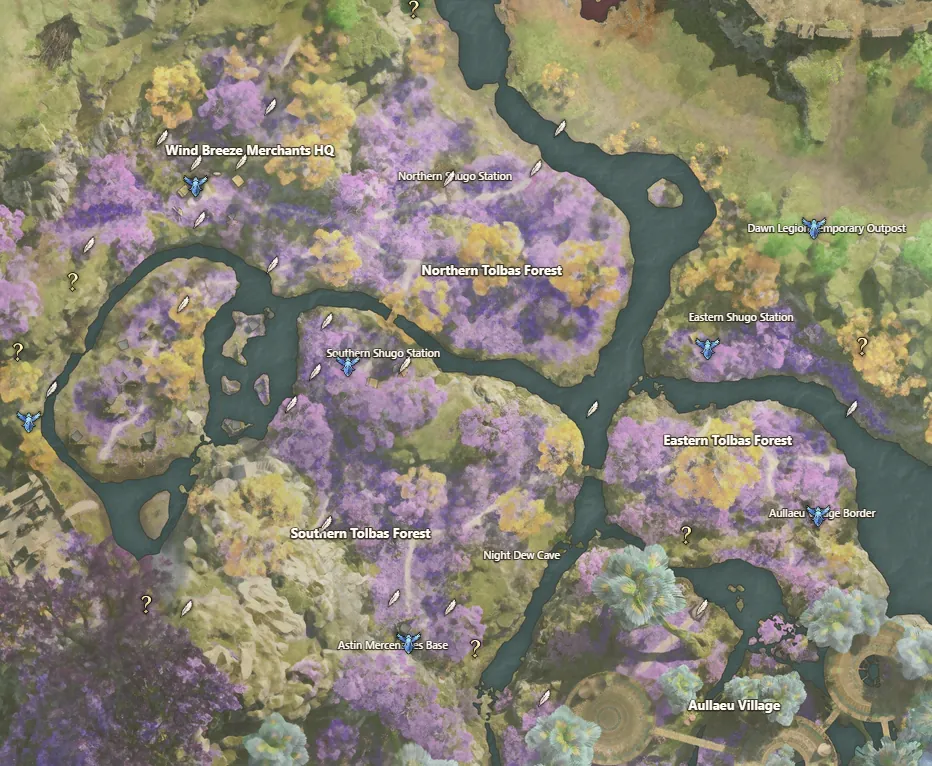 Aion 2 Elyos leveling route 3.1 · Wind Breeze Merchants HQ to Southern Tolbas Forest: numbered arrows, sealed dungeons and feathers