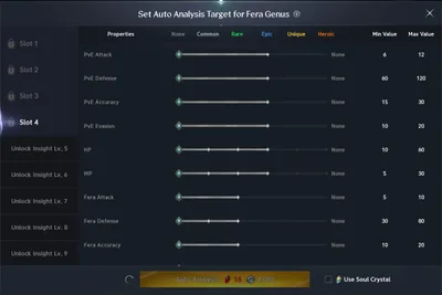 Auto Analysis for the Fera board, slot 4: each line's grade range and values, the cost, and the Use Soul Crystal box