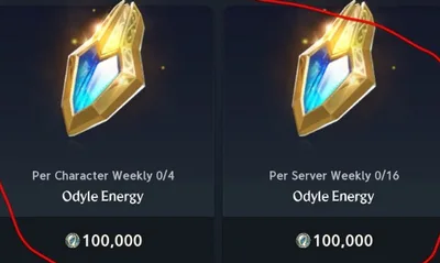 The Wind Breeze Merchants' Special tab: Odyle Energy at 100,000 Kina, 4 a week per character and 16 a week per server