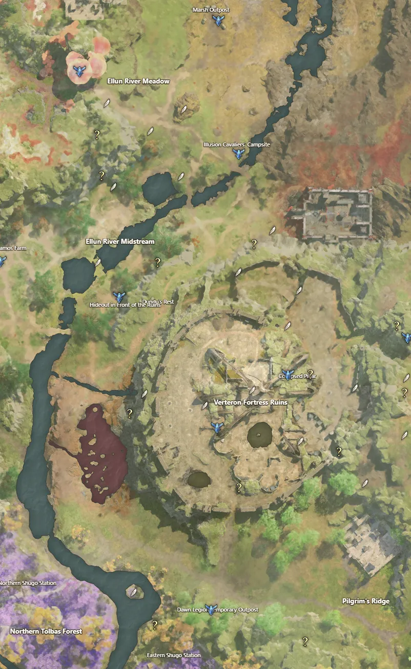 Aion 2 Elyos leveling route 2 · Ellun River Midstream to Dawn Legion Temporary Outpost: numbered arrows, sealed dungeons and feathers