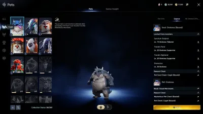 The Pets window with the Cogni filter on: soul counters under each pet, Collection Status 38 of 200, and Dratona's Source tab listing the monsters that drop its soul, where they are, its Pet Soul Chest and the Black Cloud Merchants