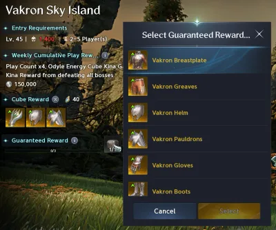 Vakron Sky Island's entry window with the Guaranteed Reward pick open: choose one Vakron armour piece