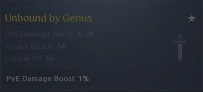 The Unbound by Genus title: PvE Damage Boost 4.5%, Attack Bonus 34 and Critical Hit 68 equipped, and PvE Damage Boost 1% owned
