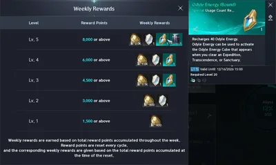 Season Mission weekly rewards: levels 3, 4 and 5 each pay an Odyle Energy (Bound), which recharges 40 Odyle