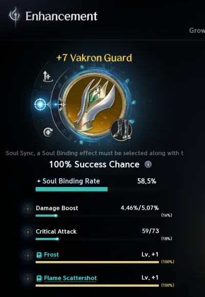 Soul Sync on a +7 Vakron Guard with +5 Vakron Boots as material: 100% Success Chance, and each line's value against its maximum (Damage Boost 4.46% of 5.07%, Critical Attack 59 of 73)