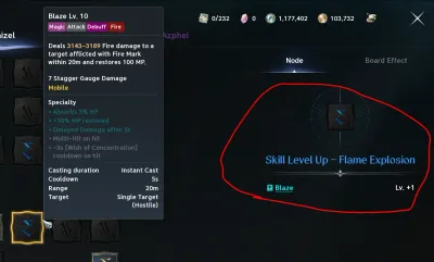 A blue Daevanion node: Skill Level Up, Blaze Lv. +1