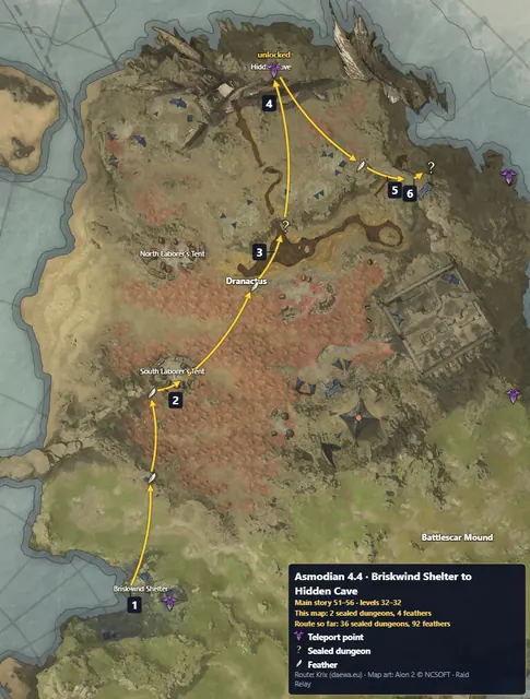 Asmodian 4.4 · Briskwind Shelter to Hidden Cave route map