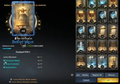 Enhancing an Epic Bell of Vigor from +0 to +2: one new effect will be added and Justice rises by 2; 20 cards registered, Enhance 100,000 Kina