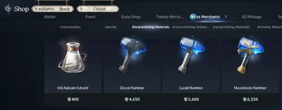 The Wind Breeze Merchants' Blacksmithing Materials: Orichalcum Solvent 400, Zircon Hammer 4,650, Lazuli Hammer 5,600 and Moonstone Hammer 6,550 Kina