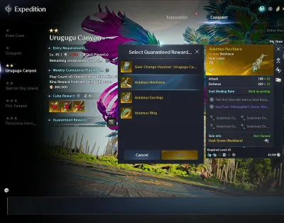 Urugugu Canyon Conquest's Guaranteed Reward pick at 0 of 21 claims: a Gear Change Voucher, Aulamus Necklace, Earrings or Ring; the necklace is Unique, item level 70